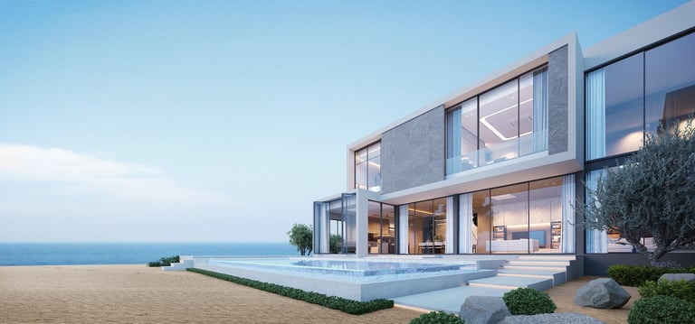 Modern luxury beach house with swimming pool and sea view
