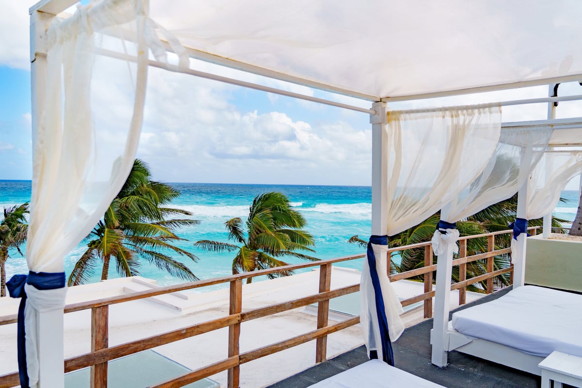 A peaceful rooftop lounge with stunning ocean views and swaying palm trees in Los Cabos