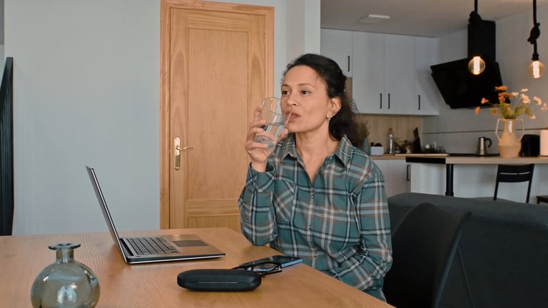 Mujer bebiendo agua en su espacio de trabajo, hidratación consciente