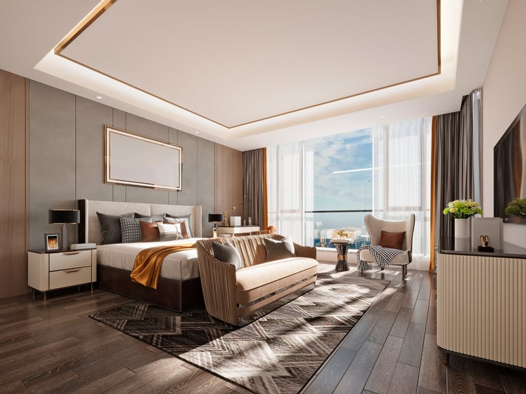 Luxury hotel bedroom with warm tones, modern design, ocean view terrace