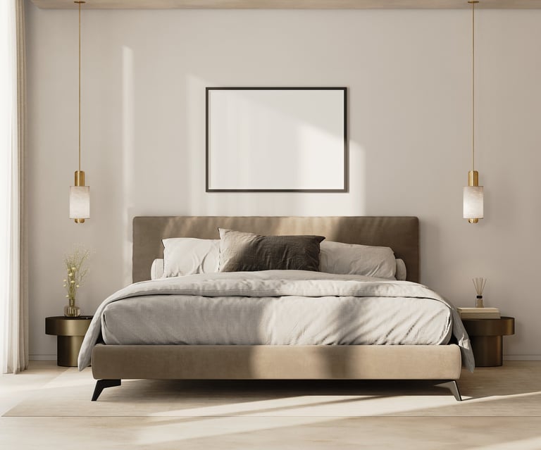 Modern bedroom interior with horizontal picture frame, serene aesthetic