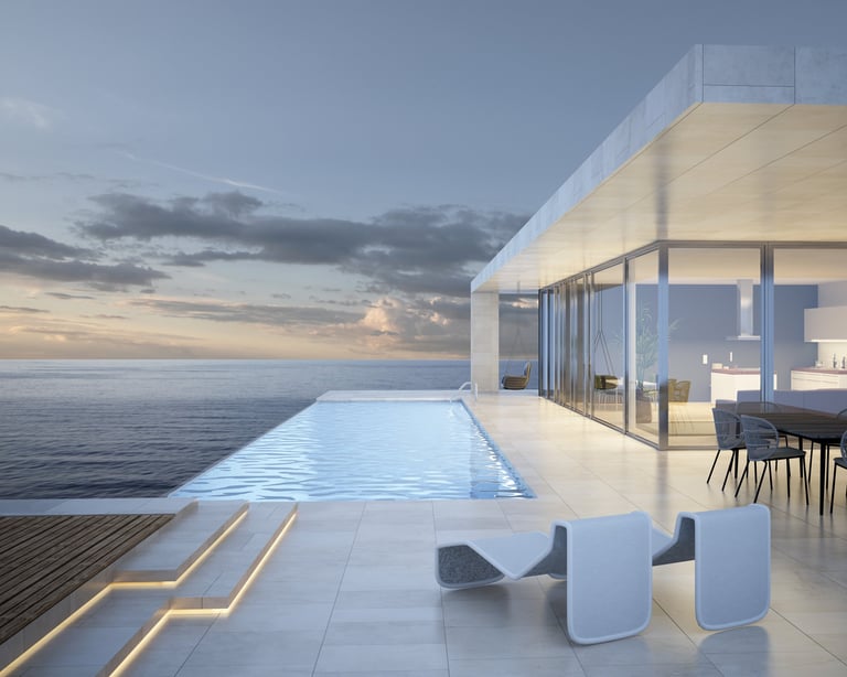 Modern villa with infinity pool and sea view at evening — The New Cabo