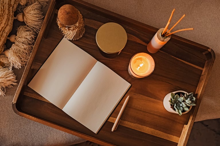 Cozy workspace with open notebook for journaling on a wooden tray surrounded by scented candles, and a small plant
