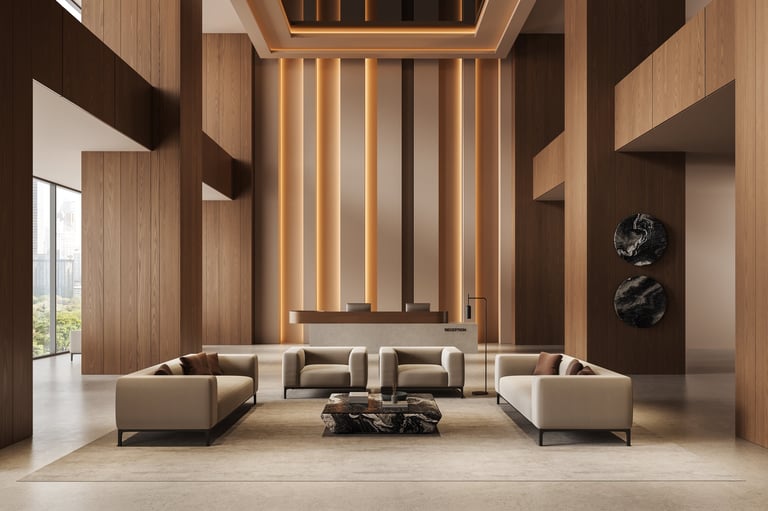 Stylish hotel lobby interior with modern furniture, warm wood panel accents, ambient lighting