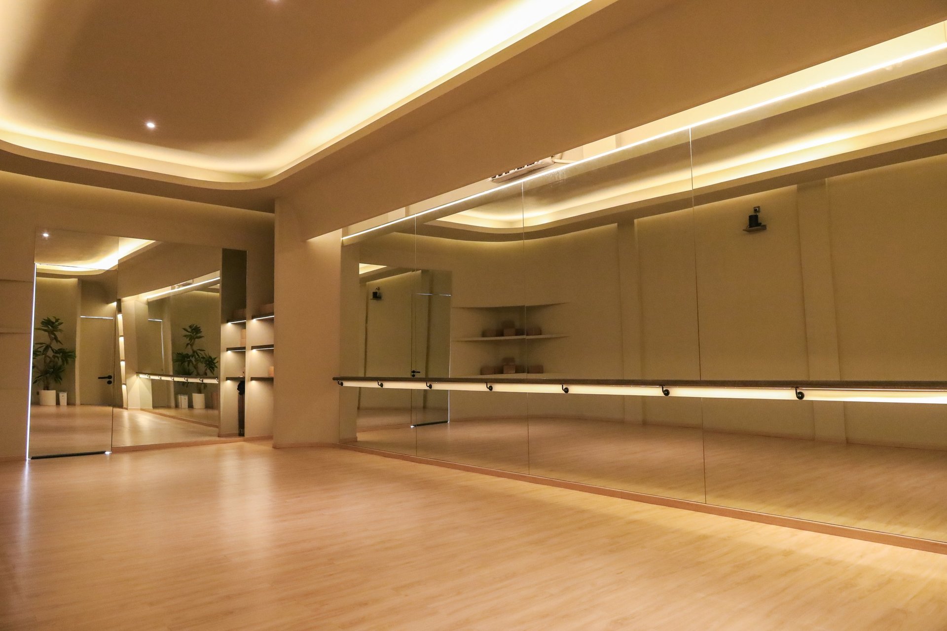 Elegant Interior Of Yoga And Pilates Studio With Reflective Glass