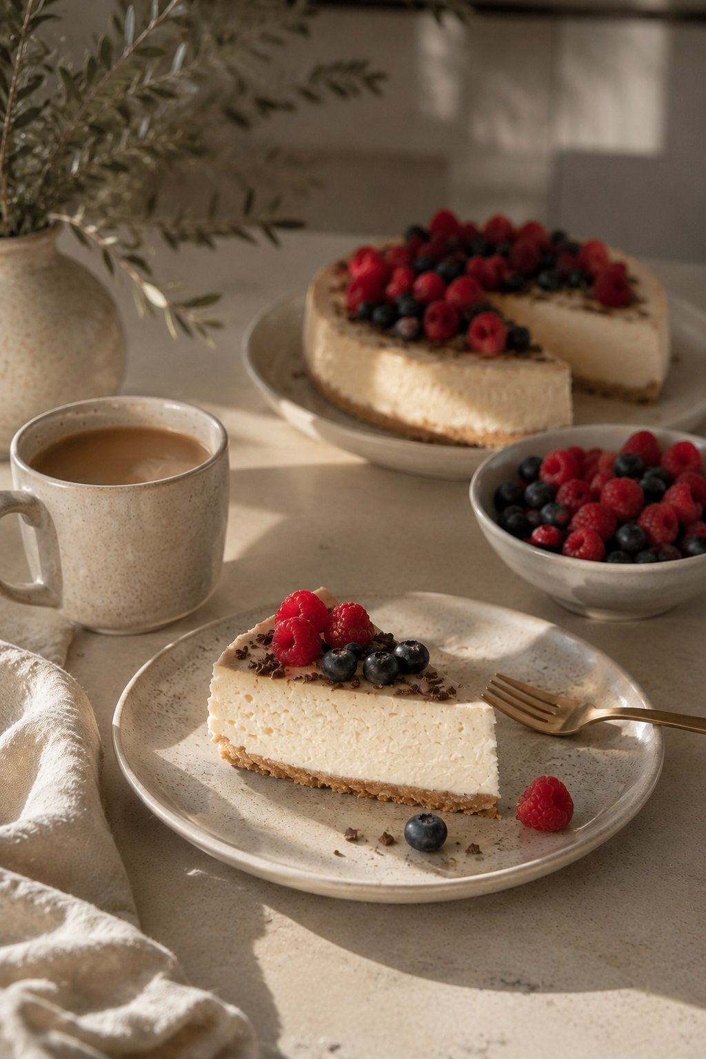 Cheesecake slice with berries on plate, coffee mug, and whole cake topped with raspberries and blueberries on table