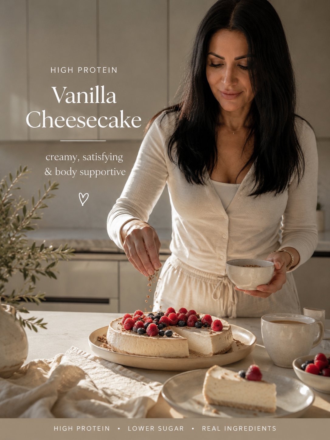 Woman in cream sweater presenting sliced high-protein vanilla cheesecake topped with berries on wooden board