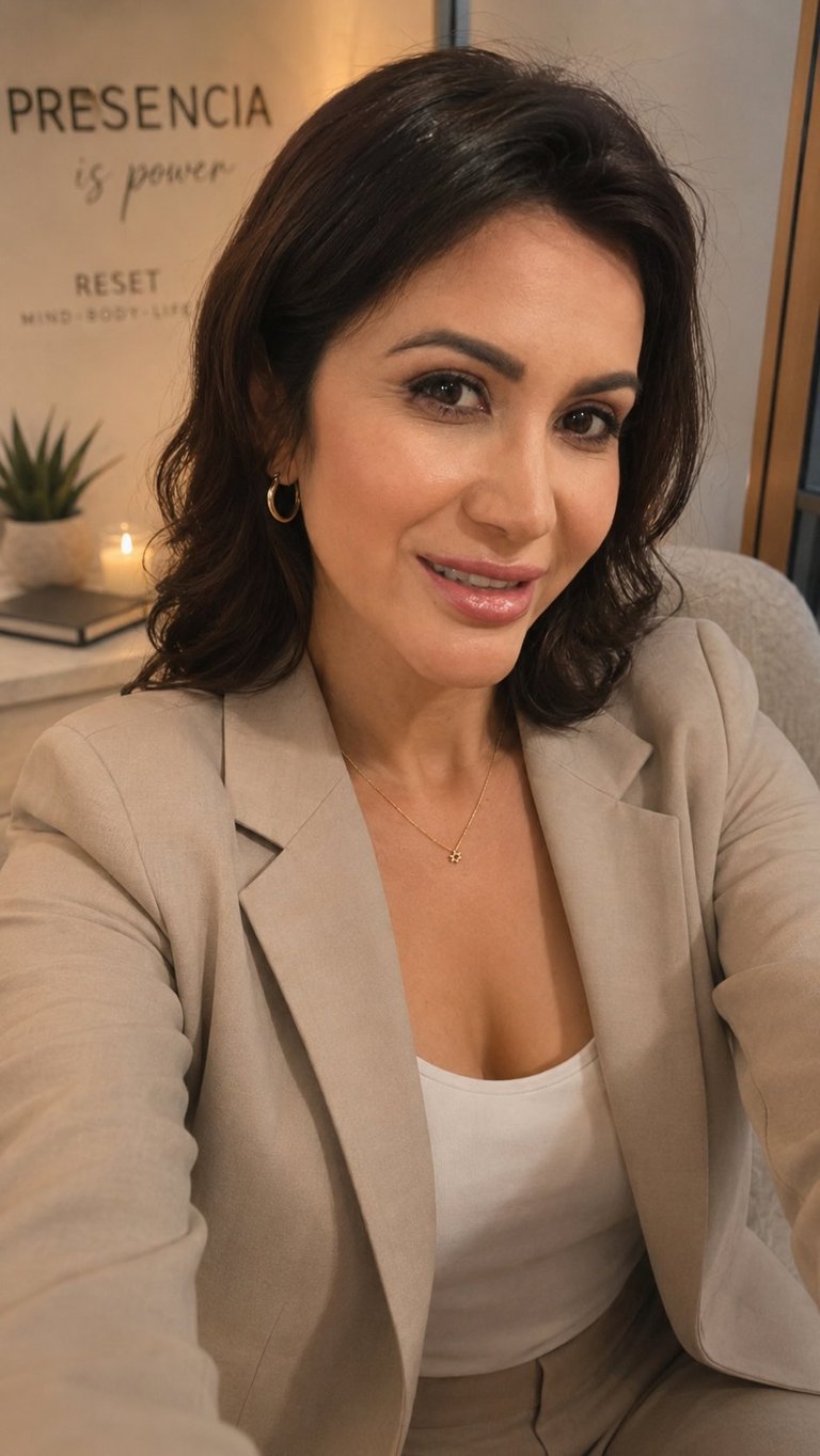 Woman with dark wavy hair wearing a beige blazer and white top, smiling at camera in an office setting