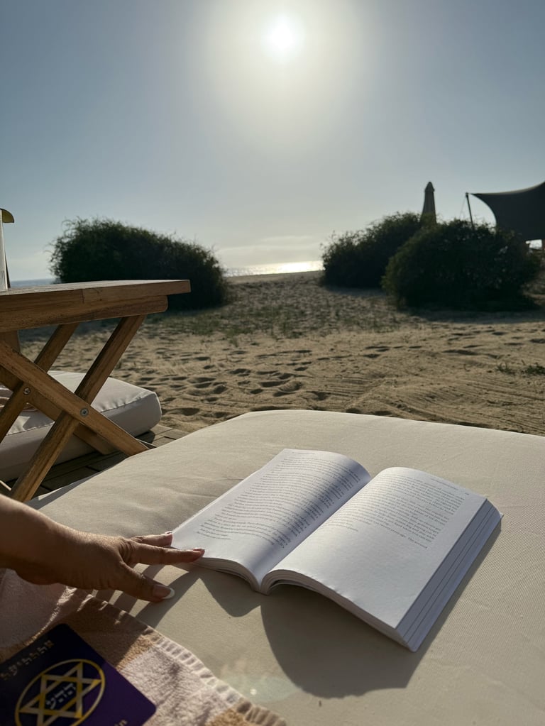 Person reading an open book on a beach chair overlooking a sandy beach with ocean and sky in the background