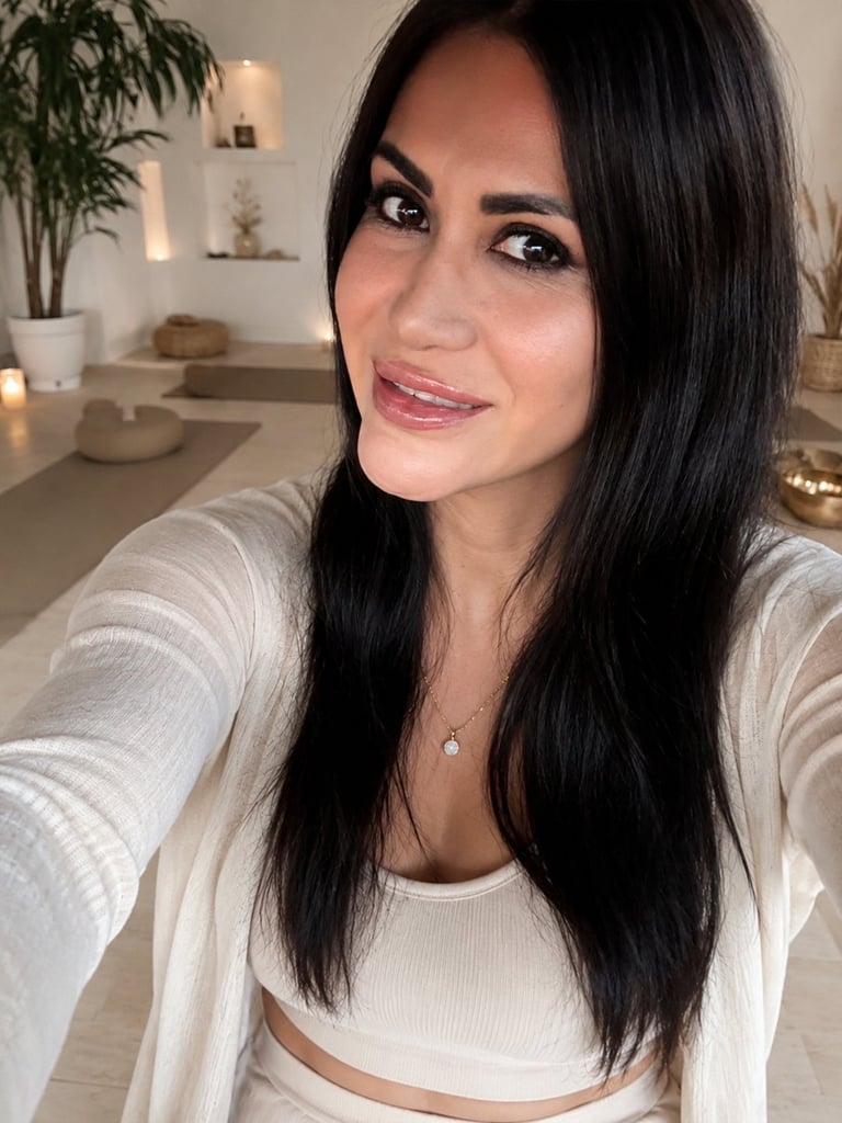 Woman with long black hair wearing a white crop top taking a selfie in a modern home interior
