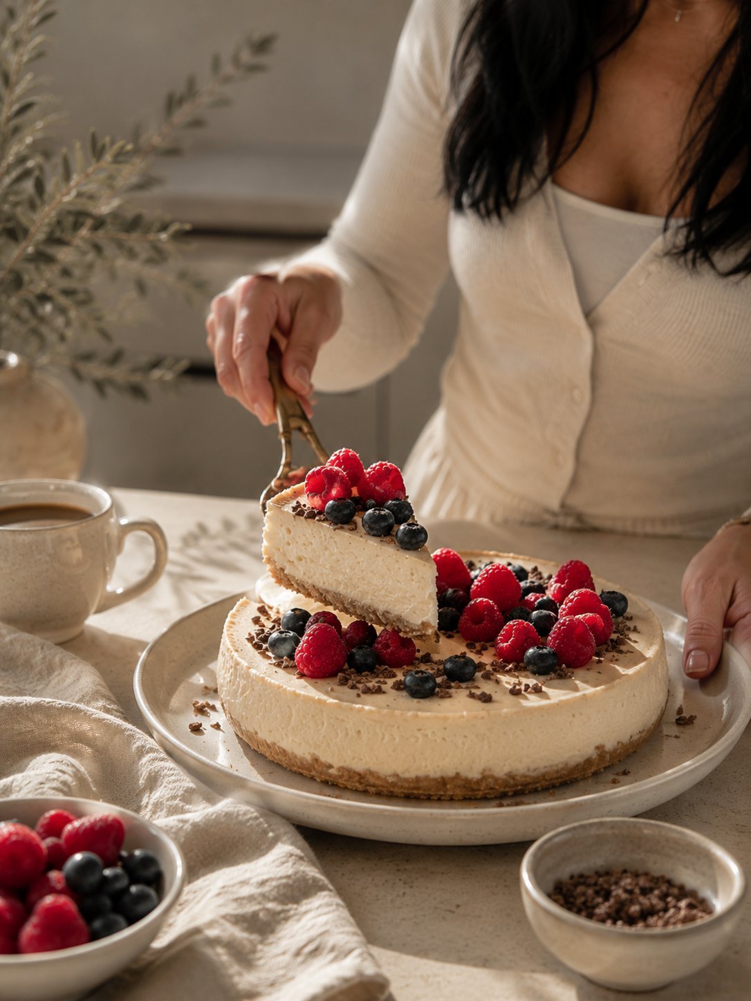 Woman serving a slice of cheesecake topped with fresh raspberries and blackberries at a table setting