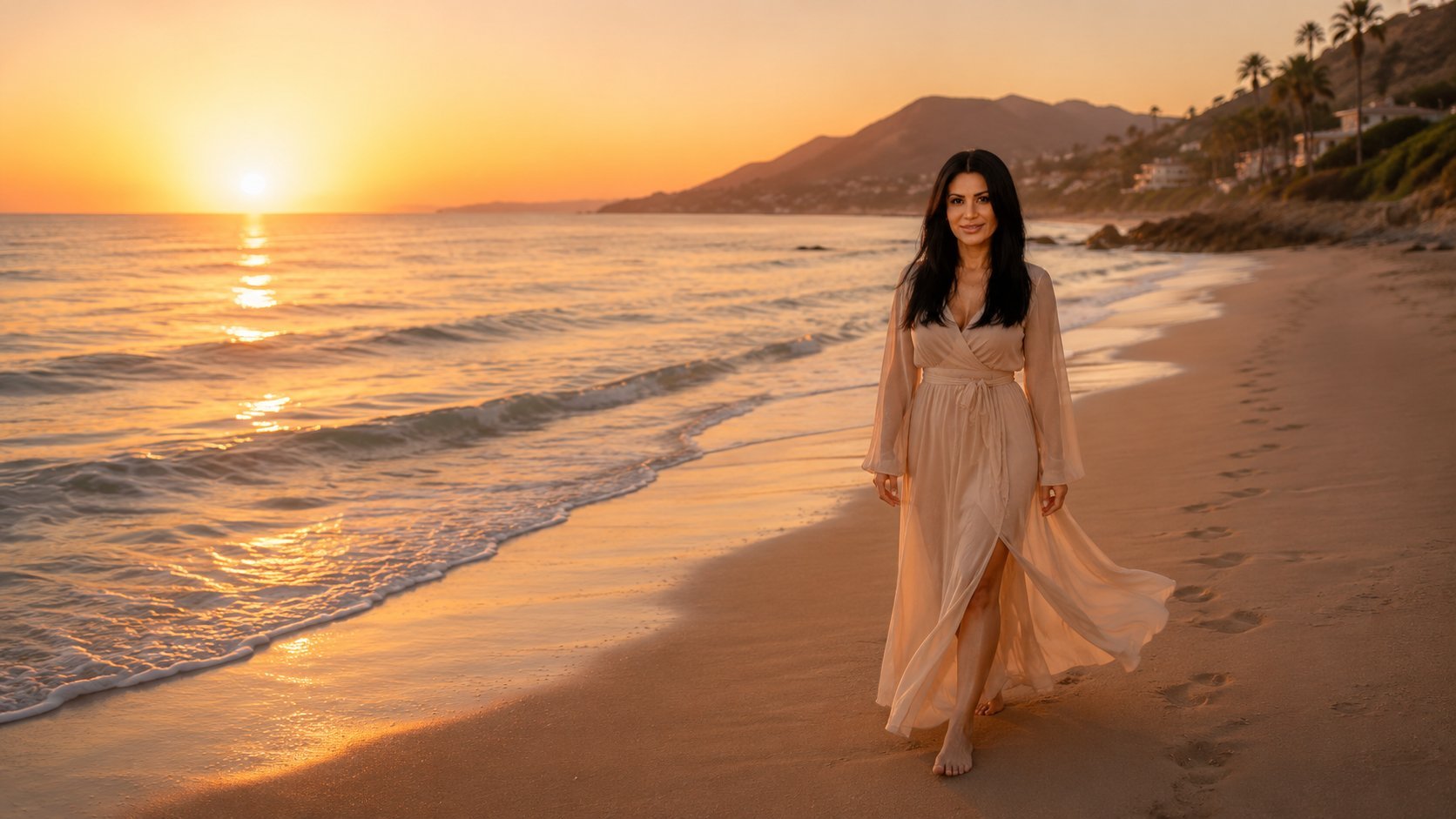 Woman in flowing beige dress walking on sandy beach during golden sunset with ocean waves and palm trees in background