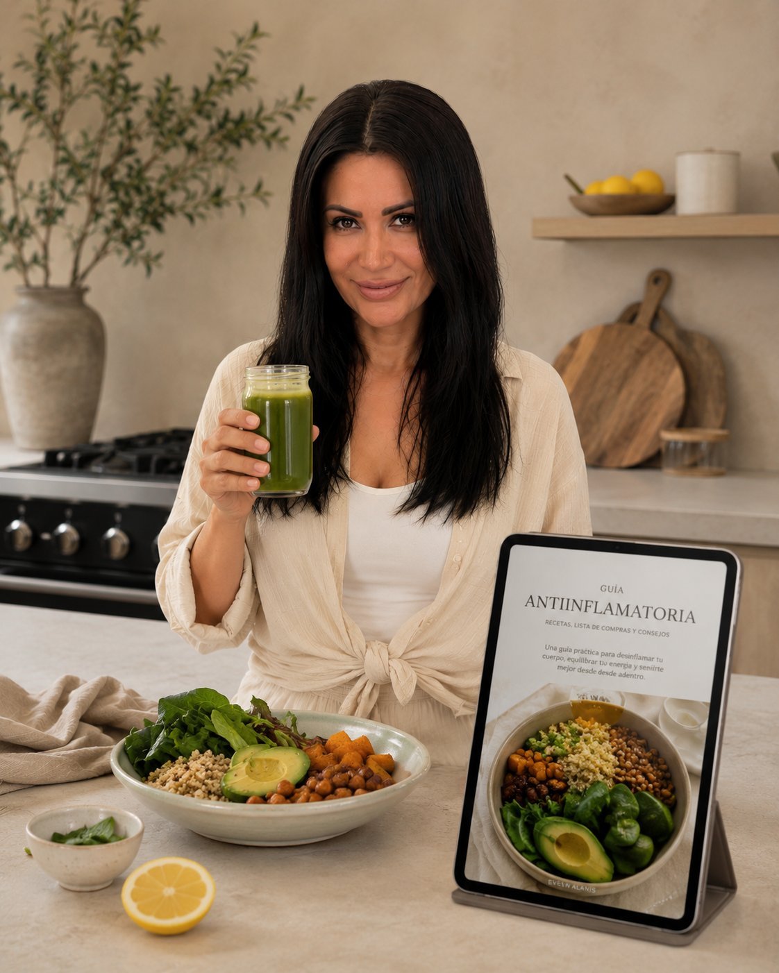 Woman in kitchen holding green juice, with healthy bowl and tablet displaying anti-inflammatory recipe on counter
