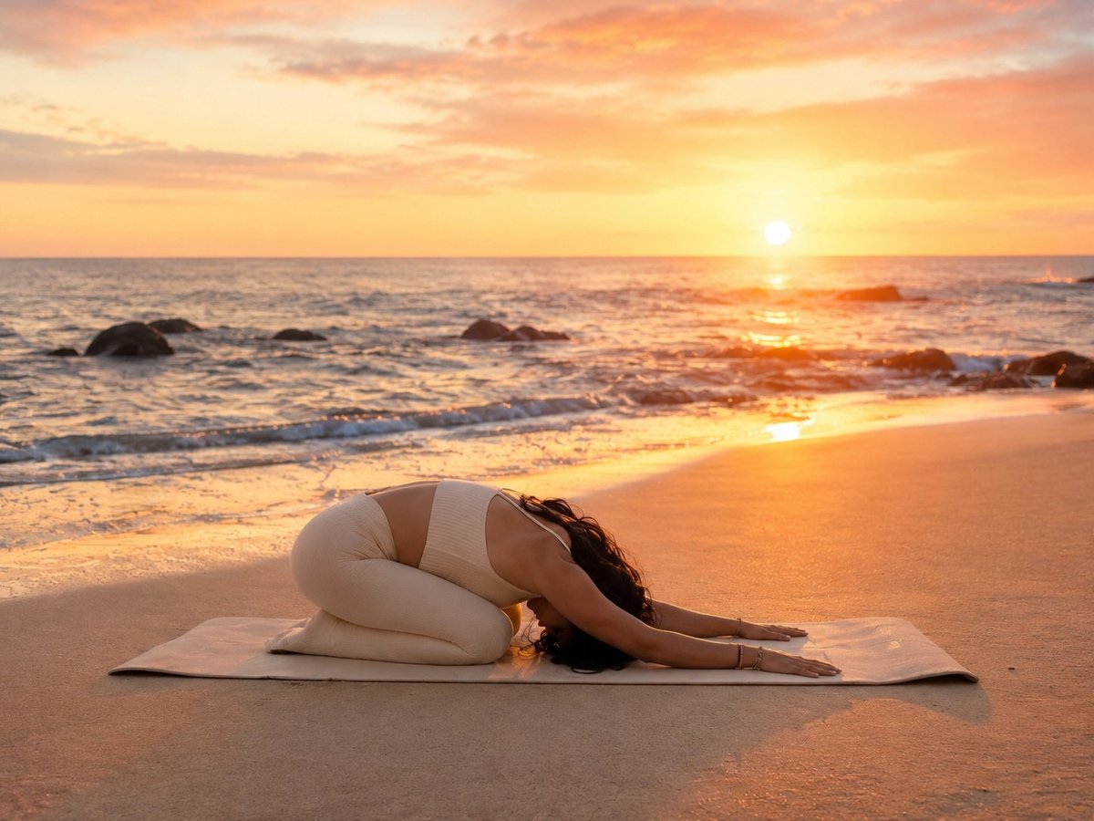 Woman in white yoga attire performing a forward fold pose on the beach at sunset with ocean waves in background